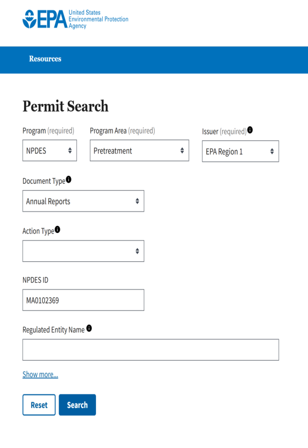 Screen shot of epa website